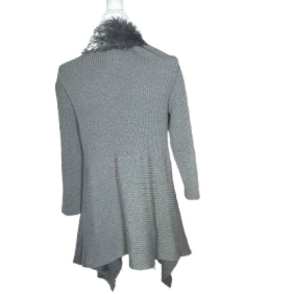 Lauren Michelle Gray Knit Open Front Cardigan XL Metallic Silver Faux Fur Trim - Picture 2 of 7